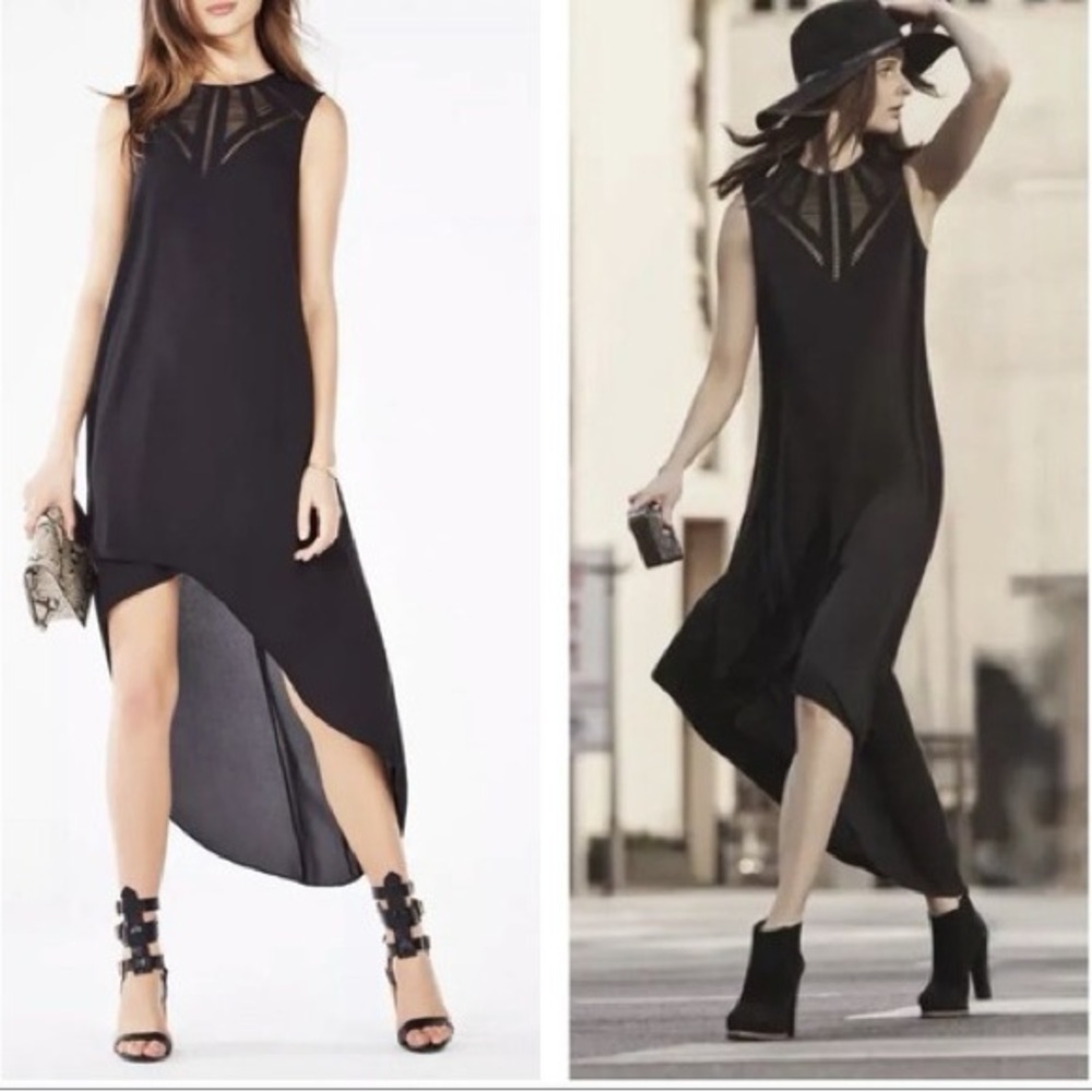 Elegant BCBG Maxazria Black Sleeveless Dress with geometric neckline